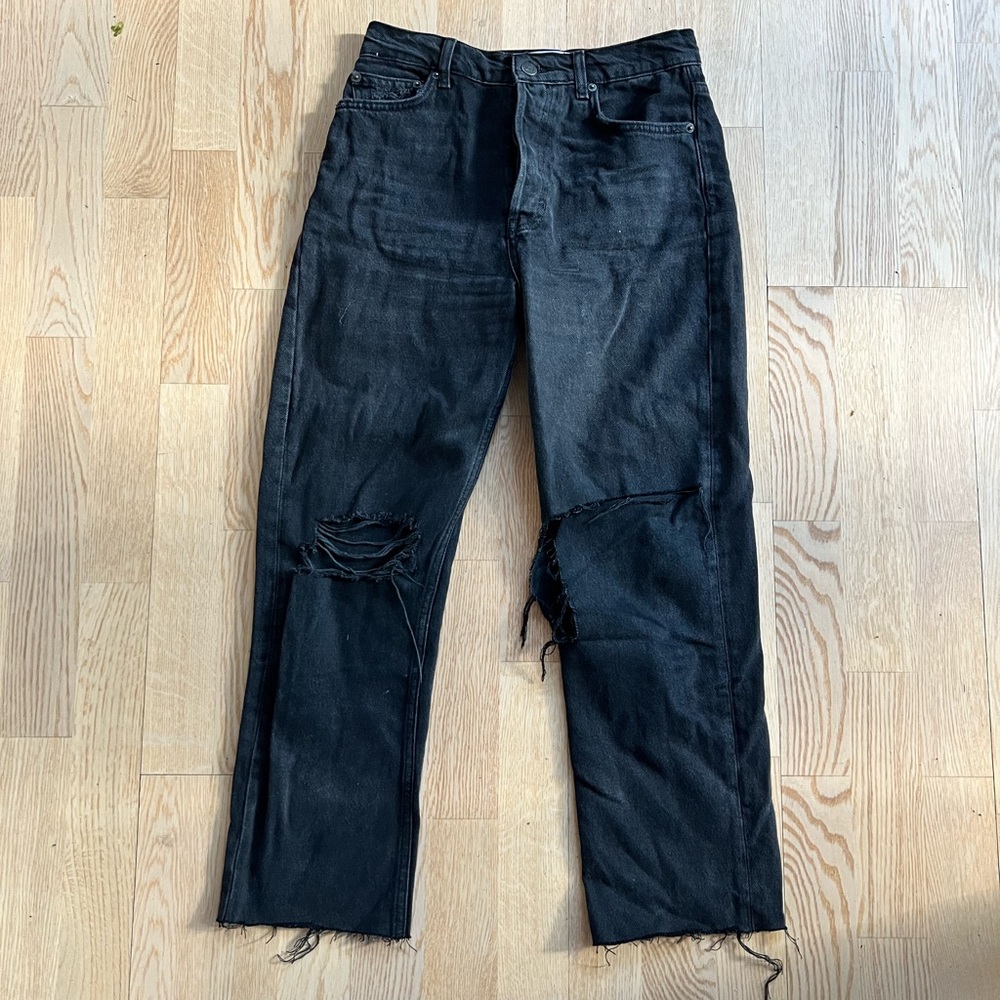 Reformation Cynthia High Rise Straight Cropped Jeans - Black Destroyed